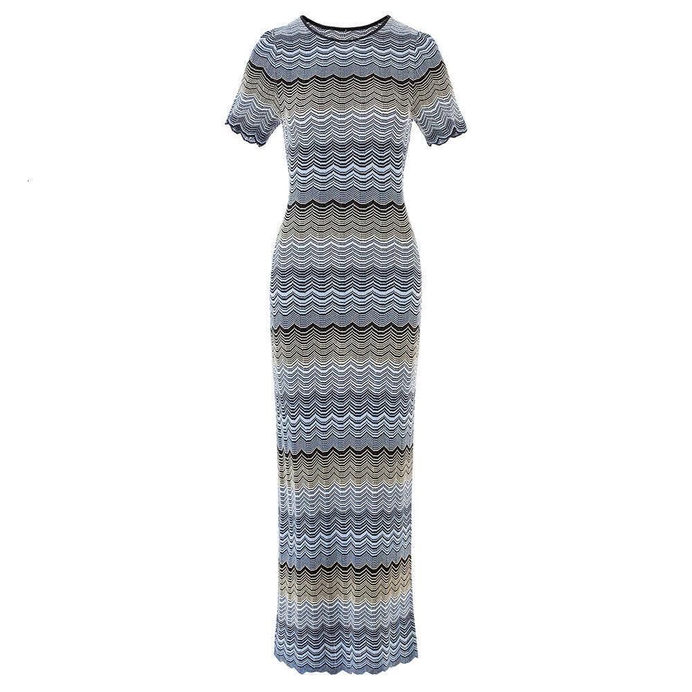 2026 Summer New Gradient Color Splicing High Elasticity Short Sleeve Knitted Medium S18 Length Slimming Dress
