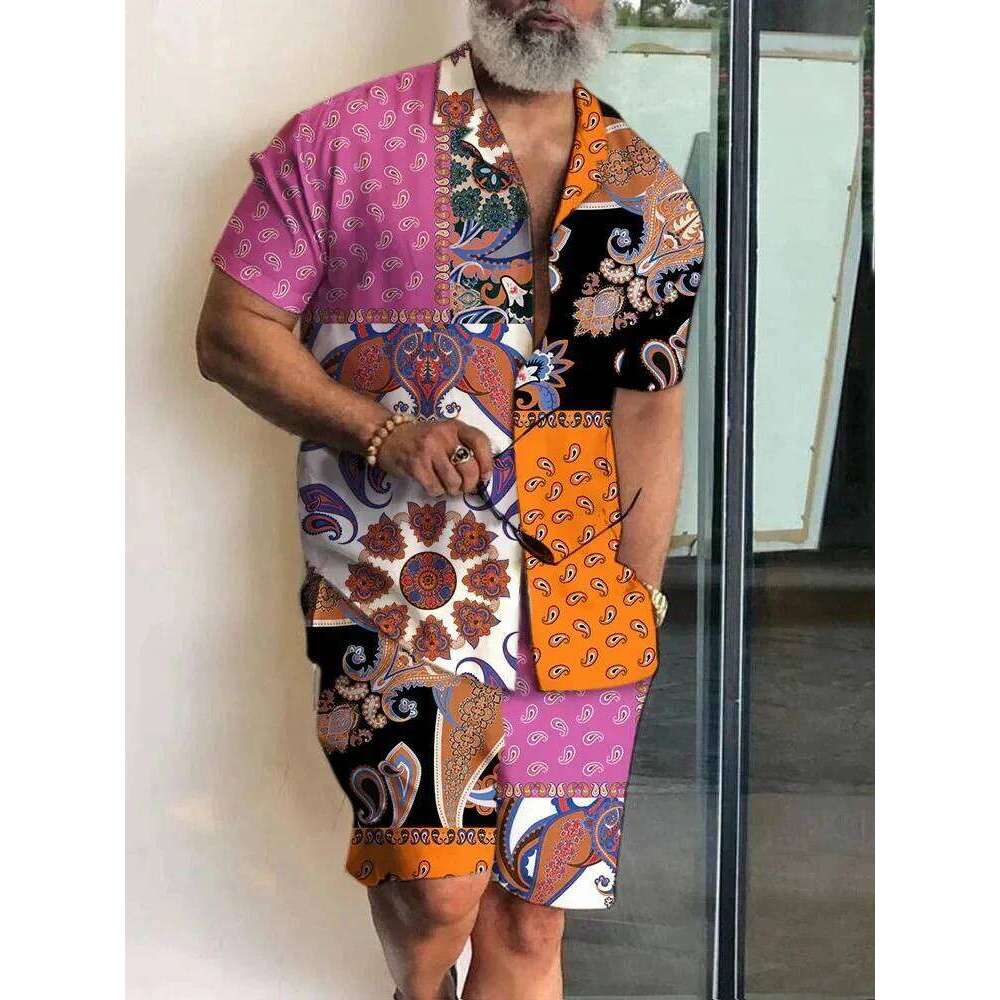 Summer Baroque Luxury Shirt Set Men's Hawaii Vacation Short Sleeve Shirts Suits Drawstring Shorts 2 Pcs Party Clothes