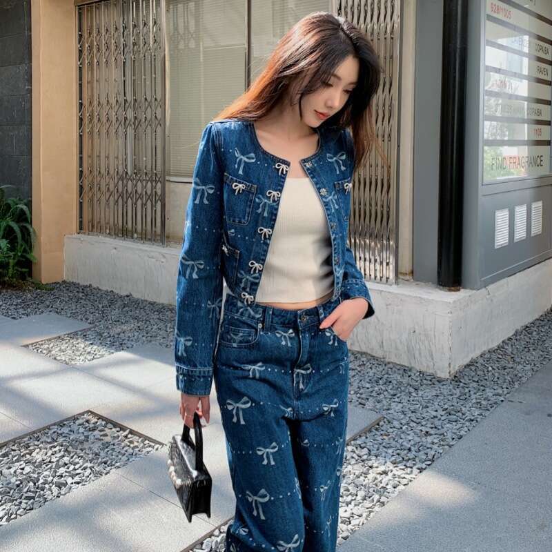 New Women S Clothing Bow Decoration Printed Long Sleeve Round Neck Wide Leg Pants Fashion Denim Suit Only Coat MAKOUFEI