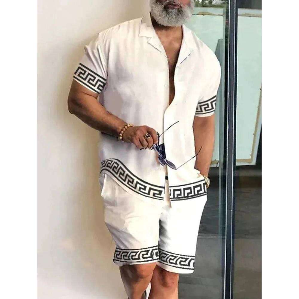 Summer Baroque Luxury Shirt Set Men's Hawaii Vacation Short Sleeve Shirts Suits Drawstring Shorts 2 Pcs Party Clothes