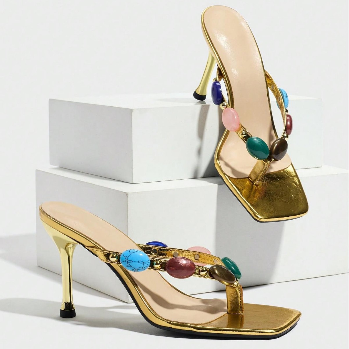 Free Shipping 2026 Luxury elegant sandals Women's Gold Metallic Thong High Heel Sandals Colorful Gemstone Decor Square Toe Stiletto Shoes