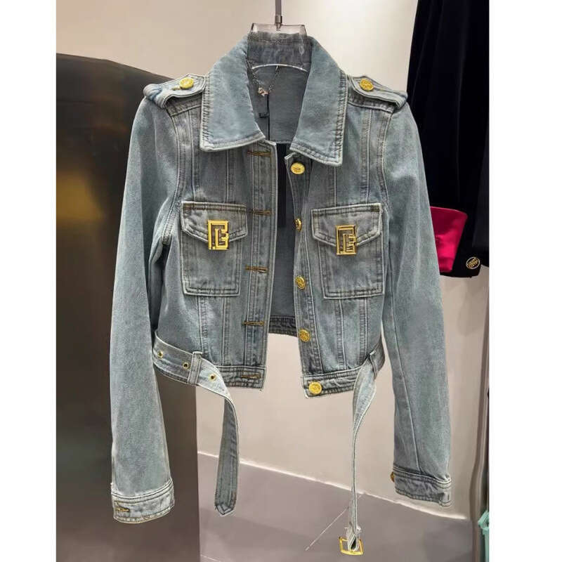 European Style Chic Short Denim Jacket With Gold Buttons For Women Spring Design Fashion Casual Coat Wholesale MAKOUFEI