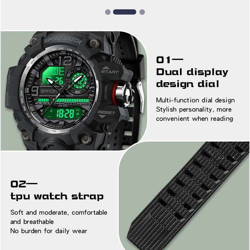 SANDA Men Military Watches White Sport G style LED Light Digital 50M Shockproof Waterproof Watch Male Quartz Clock Relogio