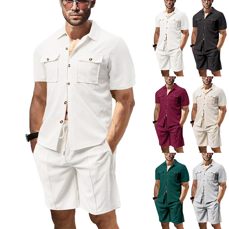 New Summer Designer Polo Hoodie European And American Men's Designer T-shirt Waffle Solid Color Pocket Shirt Short Sleeve Shorts Twopiece Set