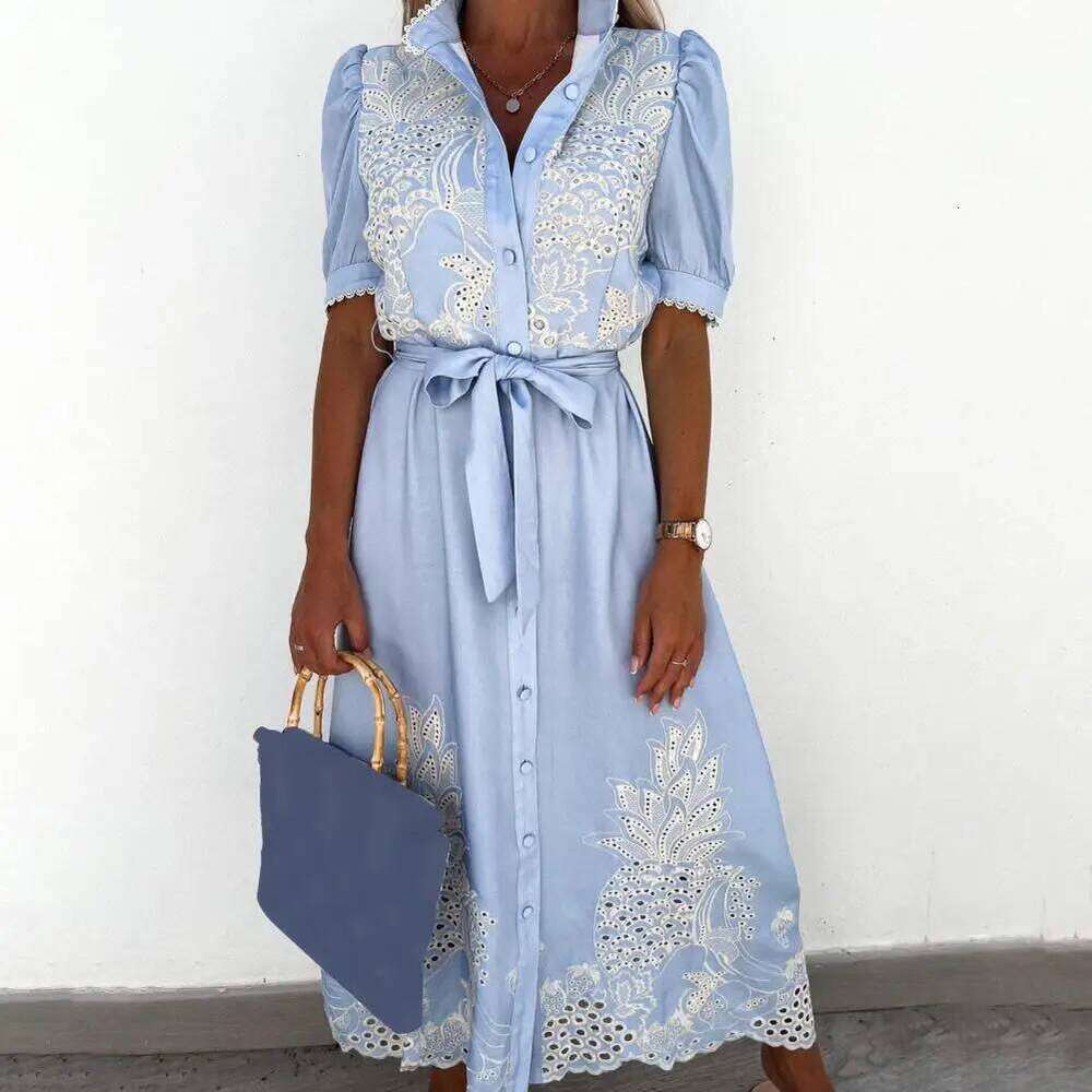 Lace-Up Women Shirt Summer Elegant Single Breasted Puff Sleeve Maxi Dress Vestidos Sundress Party Robe