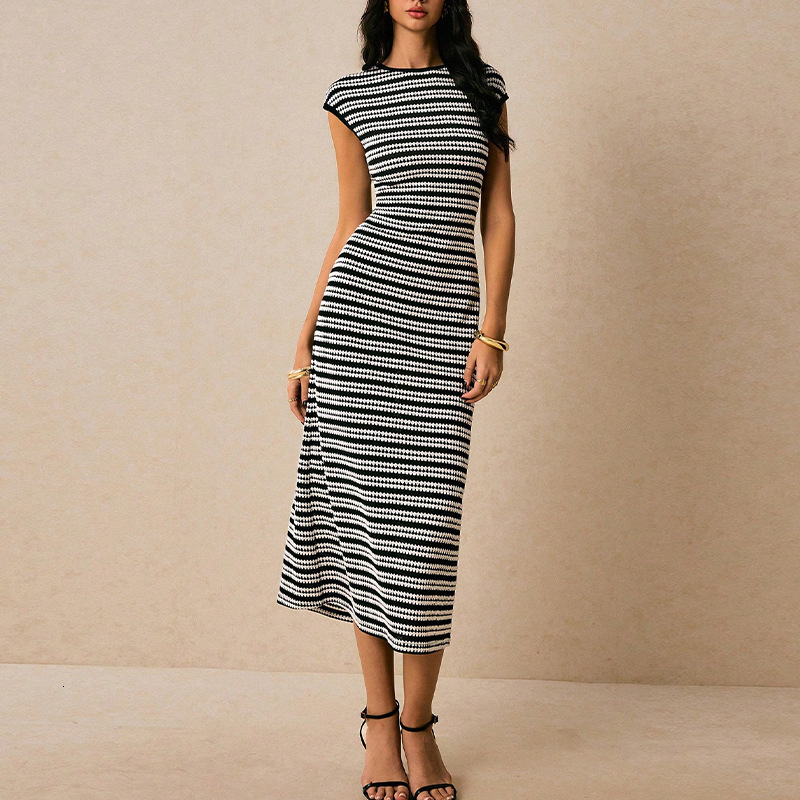 European And American Striped Knitted Dress Designer Dress Sleeveless Slimfit Midi Dress For Women