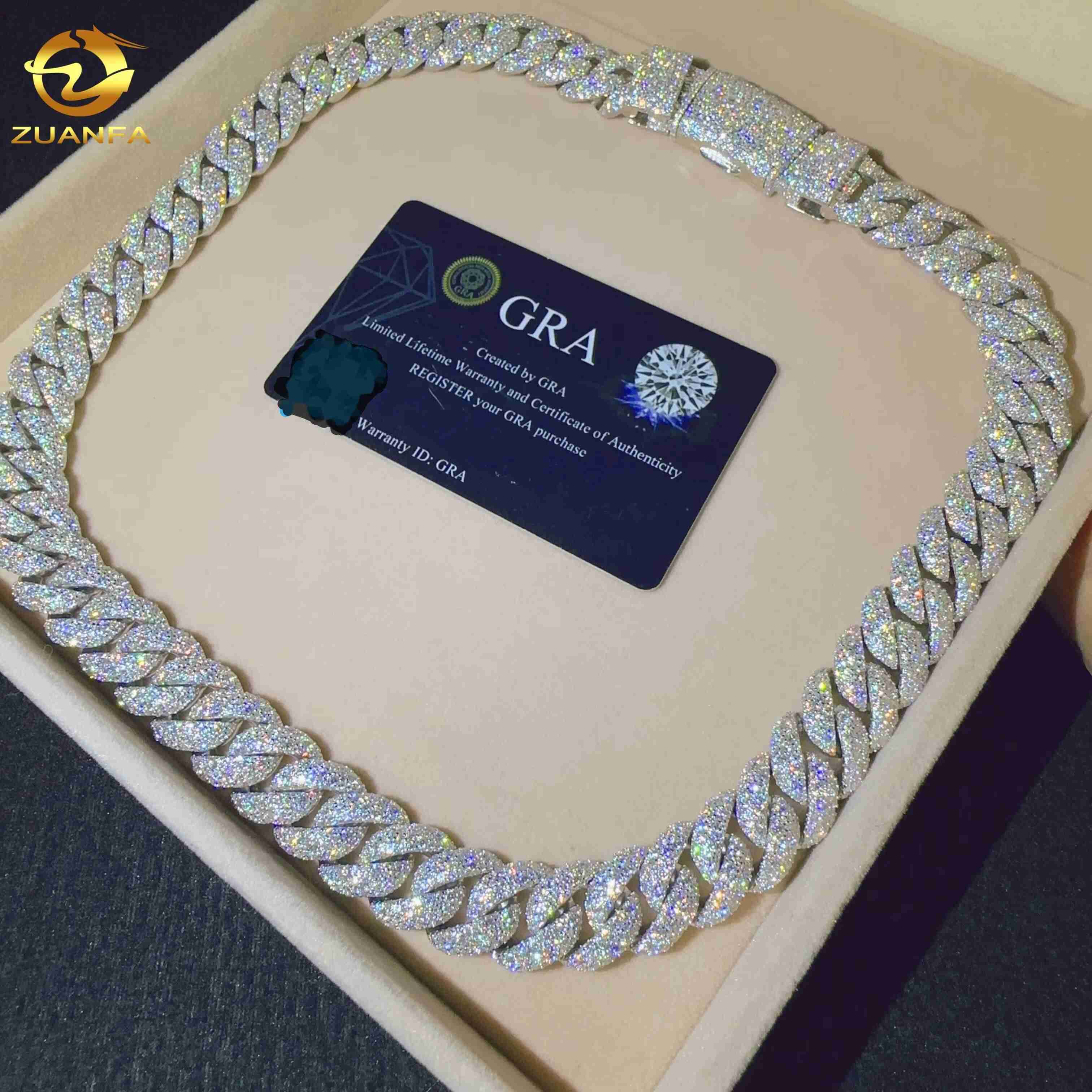 Hip Hop Jewelry Men Cuban Necklace Sterling Silver 925 D Color VVS Moissanite Diamond 15MM Width Cuban Link Chain