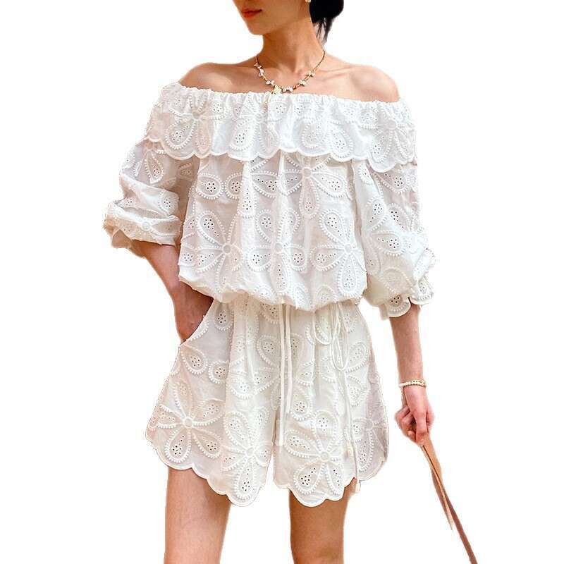 a27 r27 2026 Spring and Summer a27 New Vacation Women's Off Shoulder Top Long Sleeve Embroidered Hollow Short Pants