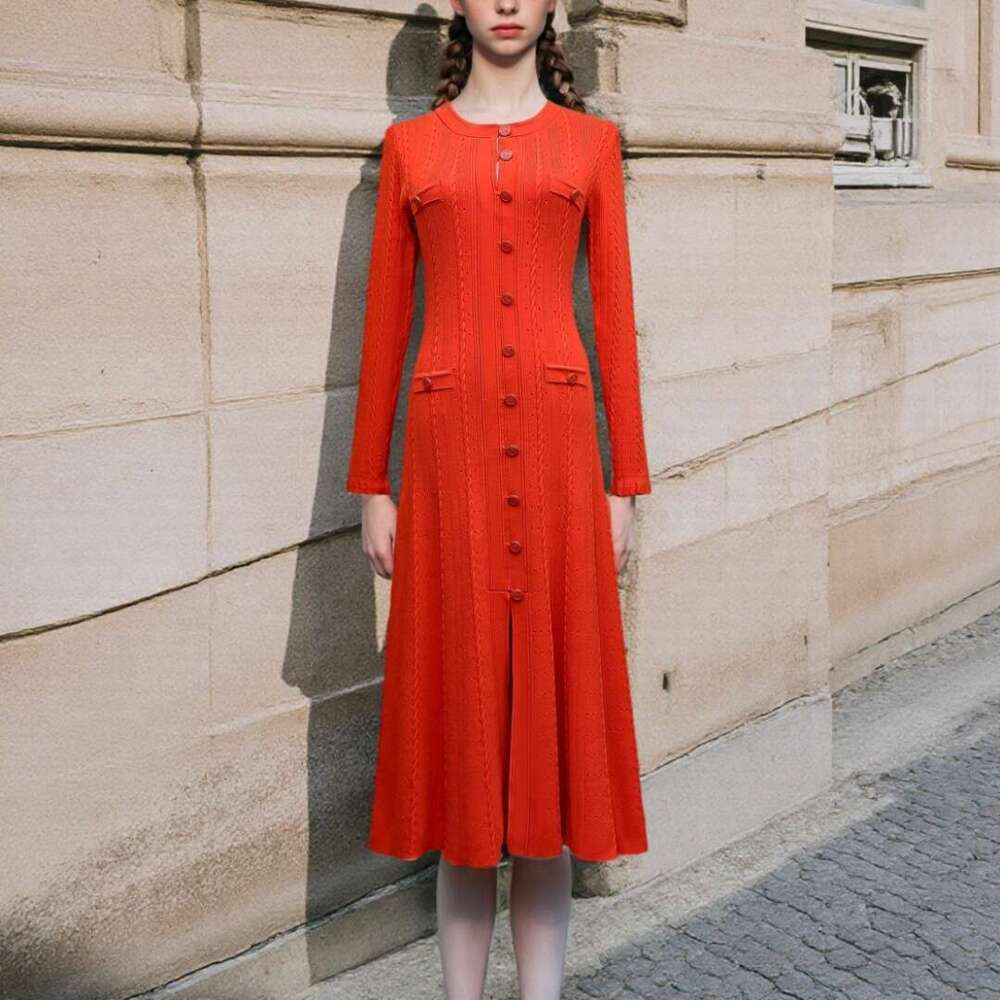 Spring and Autumn r27 Round Neck a27 Long Dress French Women's Small Fragrant Style Solid Color Split Single breasted Knitted Dress