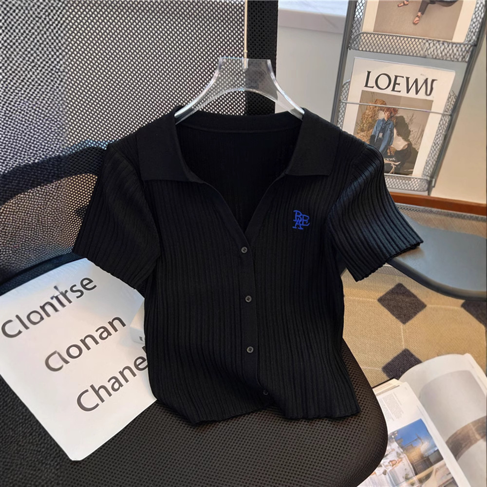 Vneck For Women Summer French Style High Wist Polo Shirt Highend Designer Hoodie Smll Petite Ice Silk Designer Shirt Knitted Polo Shirt Wistcinching S