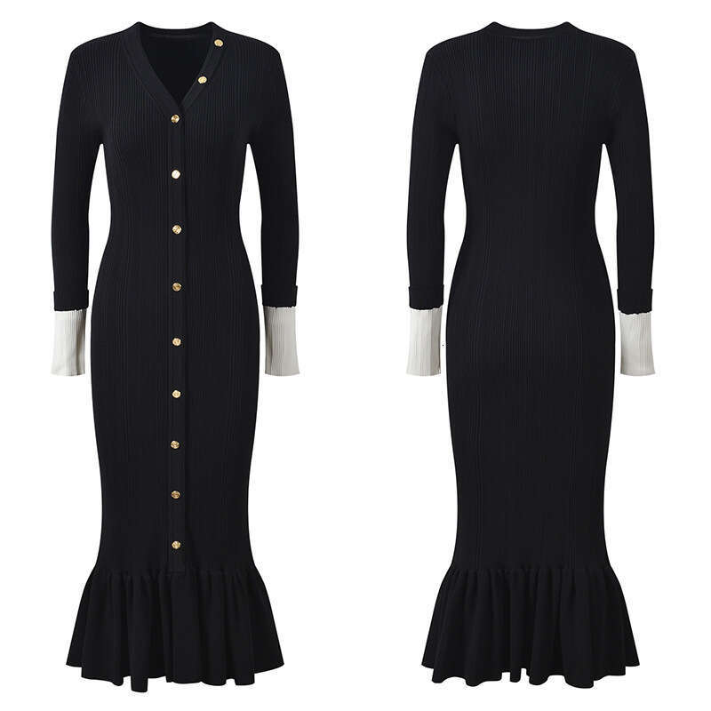 2026 designer European and American women's B15 A15 V-neck single breasted fish tail slim fit long sleeved knitted dress