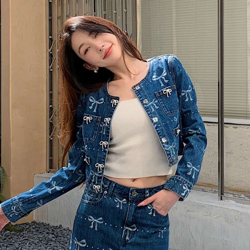 New Women S Clothing Bow Decoration Printed Long Sleeve Round Neck Wide Leg Pants Fashion Denim Suit Only Coat MAKOUFEI