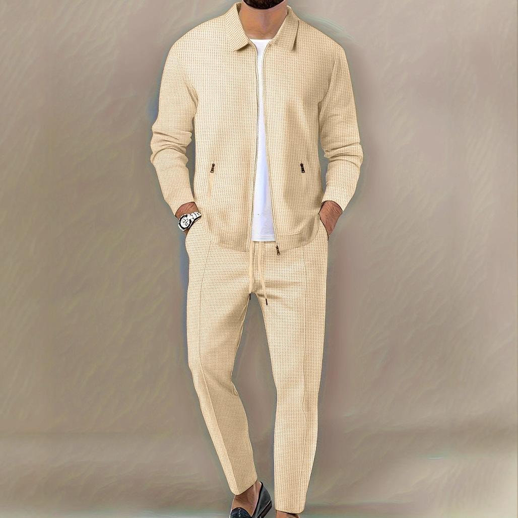 European And American Men's Waffle Zipper Casual Sports Jacket Designer Hoodie Long Sleeve Long Pants Designer T-shirt Polo Collar Set