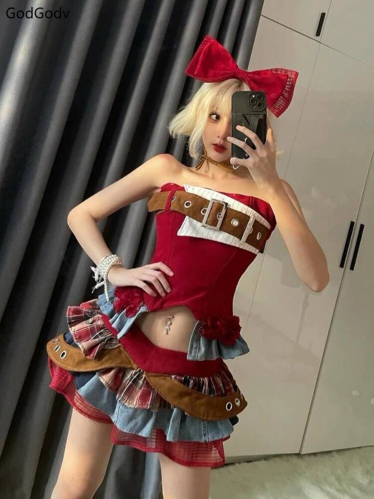 Preppy Vintage Red Denim Bustier Tops + Sweet Spicy Pure Design Mini Cake Skirt Women 2 Piece Sets Summer 2025 Korea Style