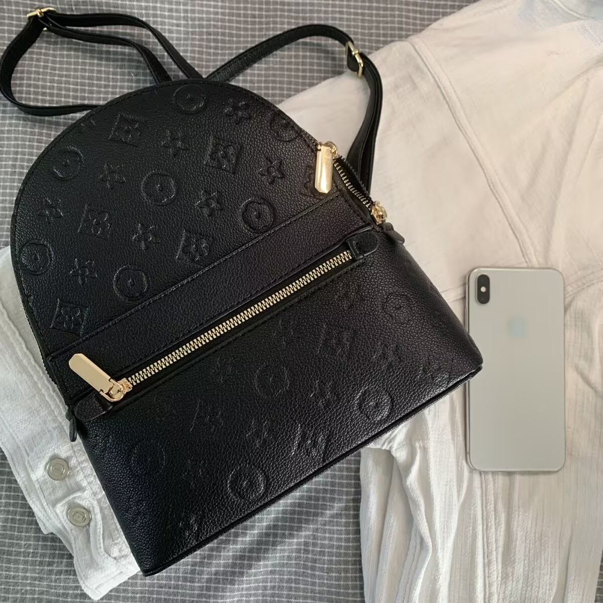 Women'S Mini Embossed Letter Backpack Faux Leather Casual Bag Small Travel Bag With Front Zipper Pocket