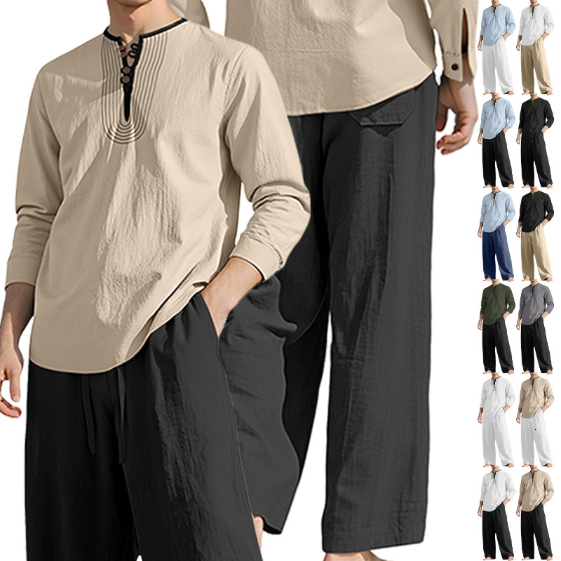 2026 Designer T-shirt Americanstyle Fourseason Linen Men's Polo Casual Loose Breathable Longsleeve Longpants Shirt Designer Hoodie Beach Set In Stock
