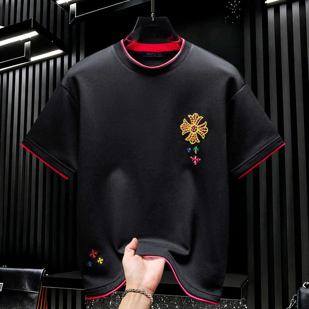 American Style 2026 New Summer Trendy Brand Cross-Embroidered Short-Sleeve T-Shirt For Men Round Neck Loose Fit Color-Blocking Half-Sleeve Luanyun Lua
