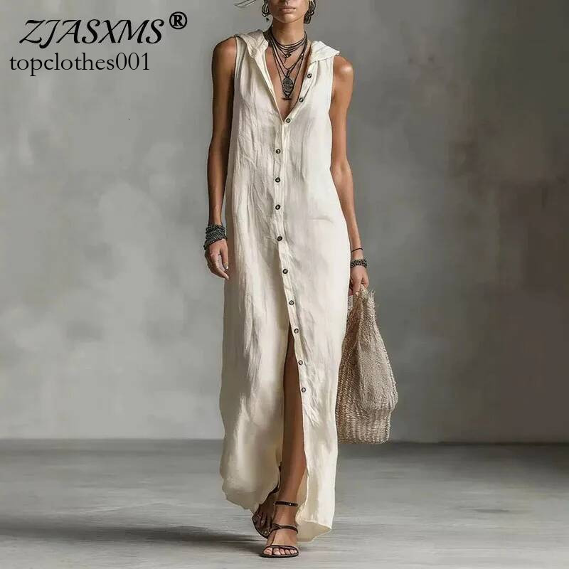 Spring Elegant Single Breasted Hooded Long Dresses Woman Vintage Solid Slit Bohemian Summer Sleeveless Vacation Maxi Dress