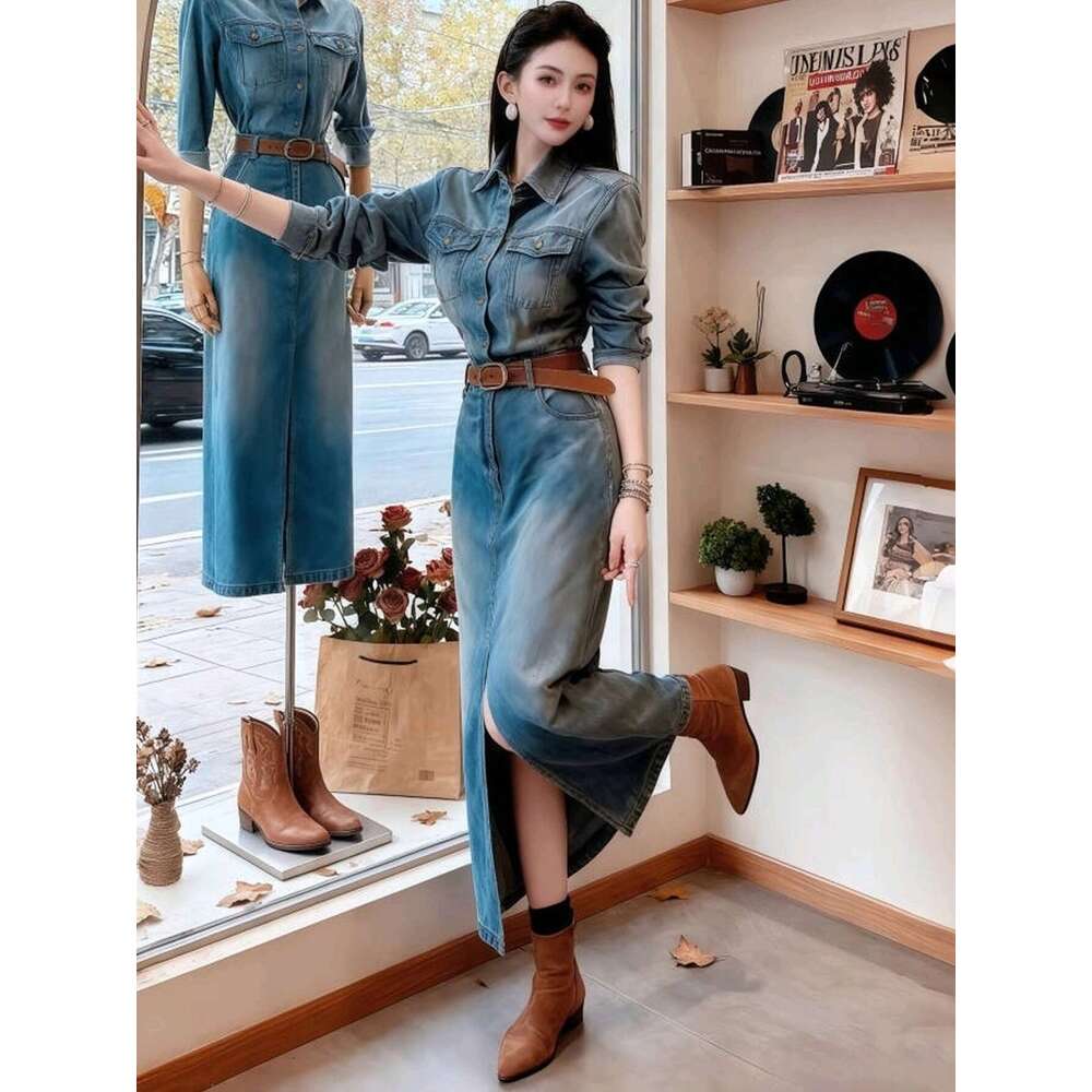 Autumn New Women Denim Two Piece Set High End Slim Waist Age Reducing Bodycon Skirt Casual Party Matching Outfit MAKOUFEI