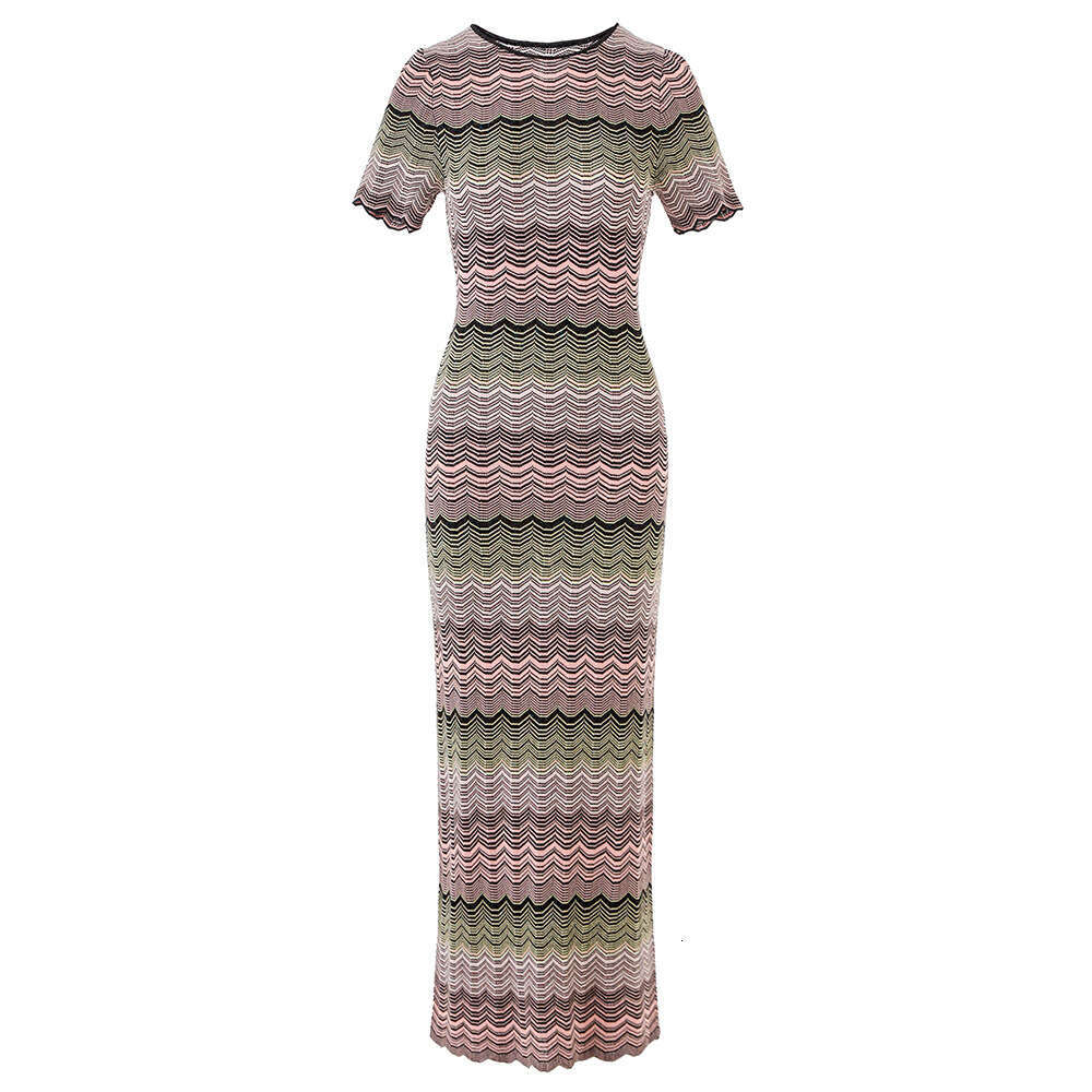 2026 Summer New Gradient Color Splicing High D19 Elasticity Short Sleeve Knitted Medium Length Slimming Dress