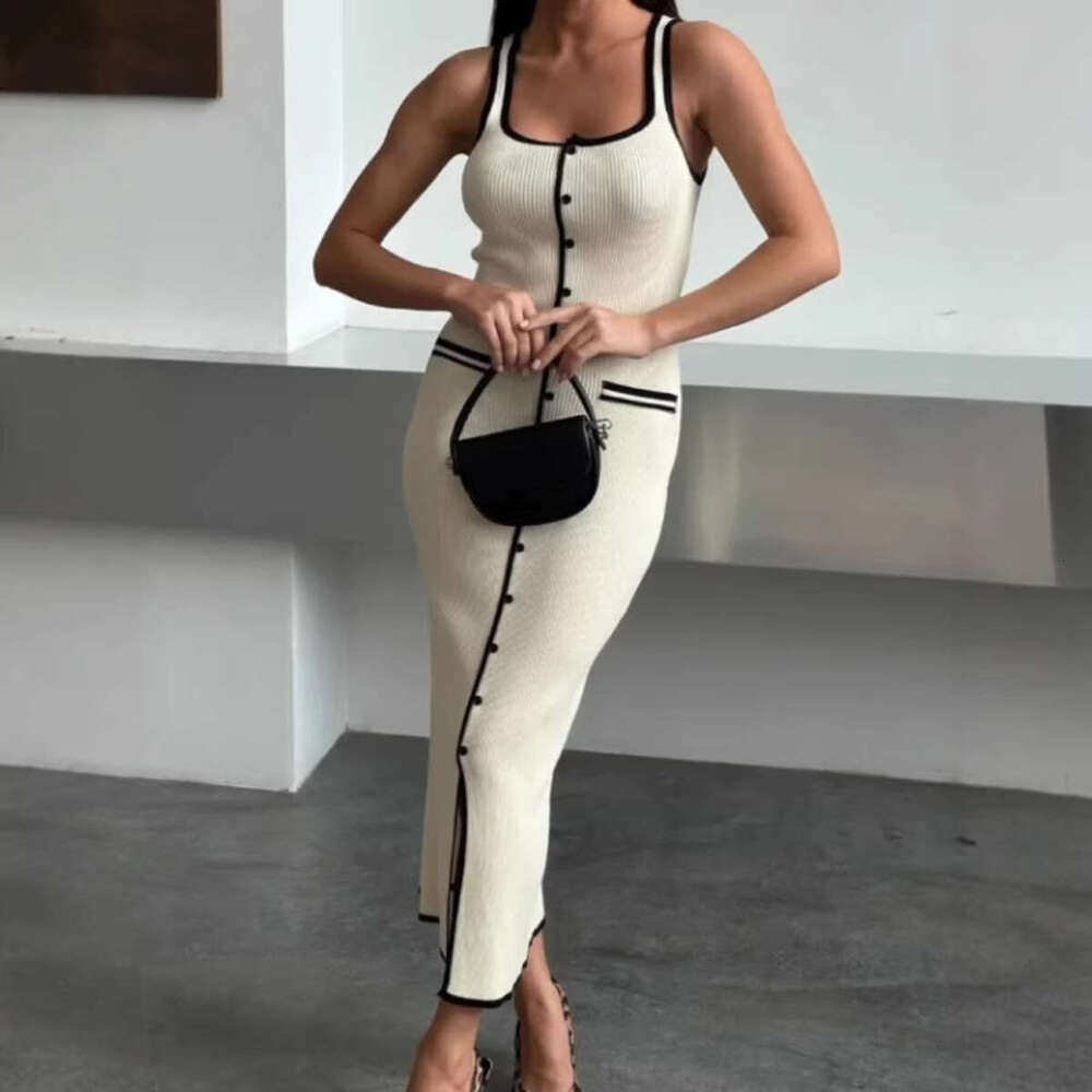 New Russian European And American Style Women S Vest Dress Color Blocking Single Row Multi Button Slit Long Knit MAKOUFEI