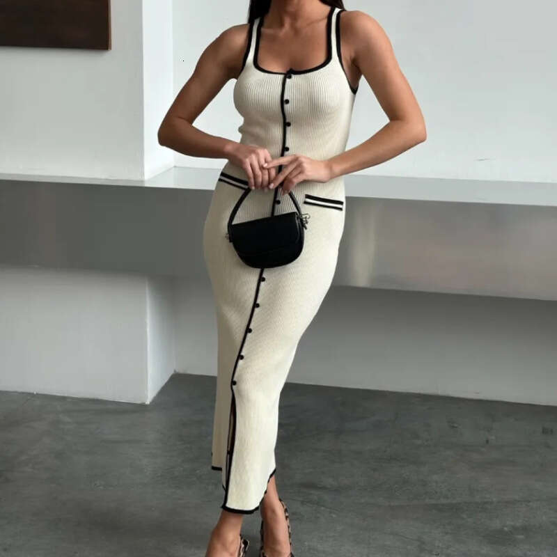 New Russian European And American Style Women S Vest Dress Color Blocking Single Row Multi Button Slit Long Knit MAKOUFEI