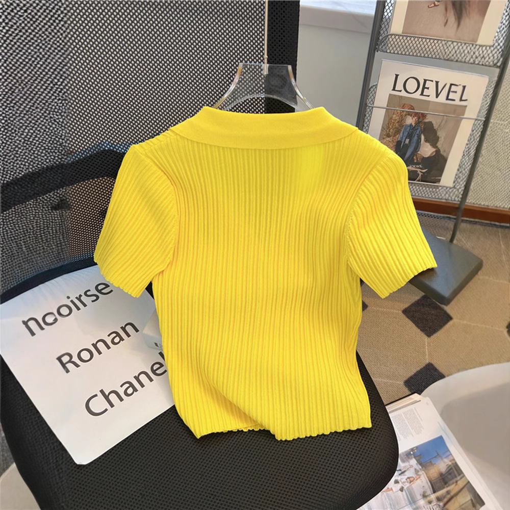 Vneck For Women Summer French Style High Wist Polo Shirt Highend Designer Hoodie Smll Petite Ice Silk Designer Shirt Knitted Polo Shirt Wistcinching S