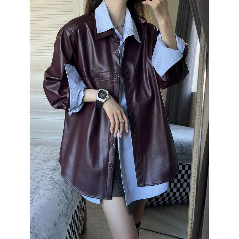 Autumn Winter Grape Purple PU Leather Jacket For Women Vintage Casual Slim Fit Outwear Coat Fashion Streetwear Ladies Tops MAKOUFEI