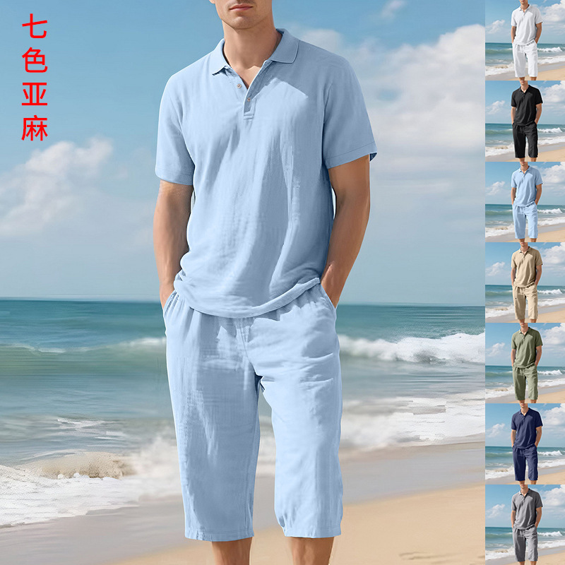 European Designer Hoodie And American Summer Men's Loose Designer T-shirt Casual Linen Breathable Polo Shirt Short Beach Polo Sleeve Sevenpoint Pants Set