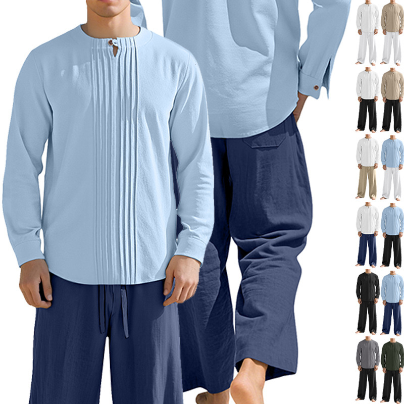 European And American Spring Autumn Cotton Linen Long Polo Sleeve Shirt Casual Sports Designer Hoodie Stand Designer T-shirt Collar Cotton Linen Solid Color Shirt