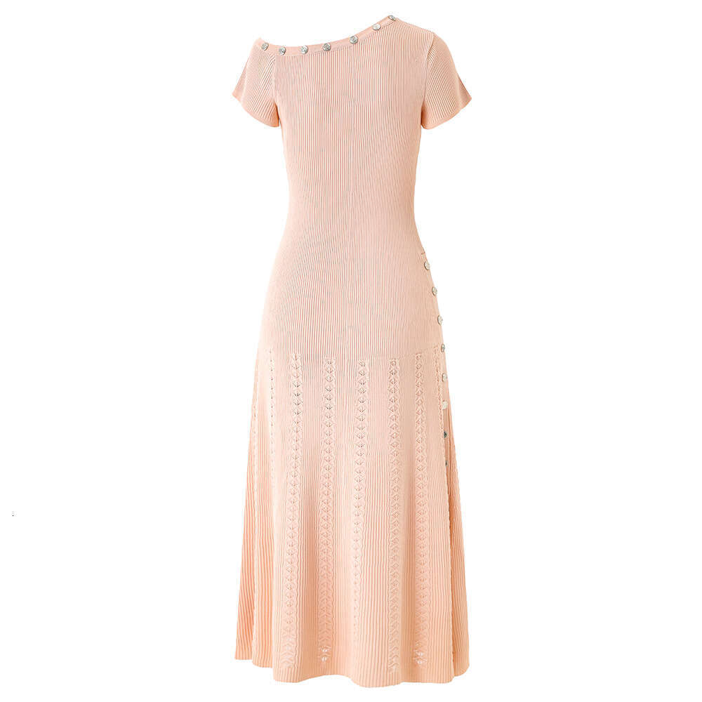 2026 Designer French Asymmetric Shoulder Button Knitted Fashion Design Irregular Short D17 Sleeve Fashion Dress