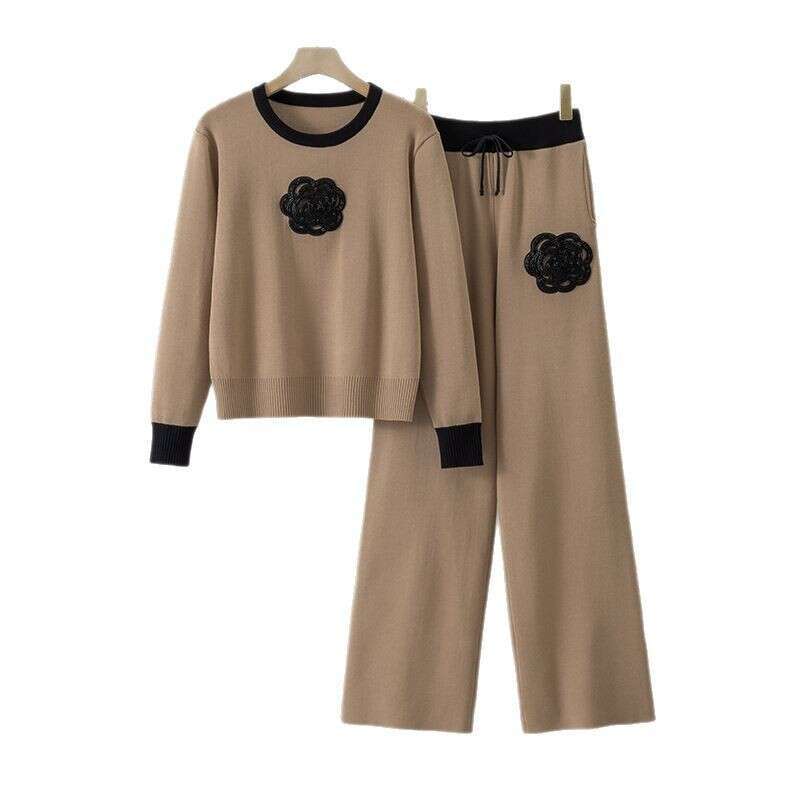 European Foreign Trade Spring Autumn New Camellia For Women Round Neck Knit Top And Wide Leg Pants Elegant Two Piece Set MAKOUFEI