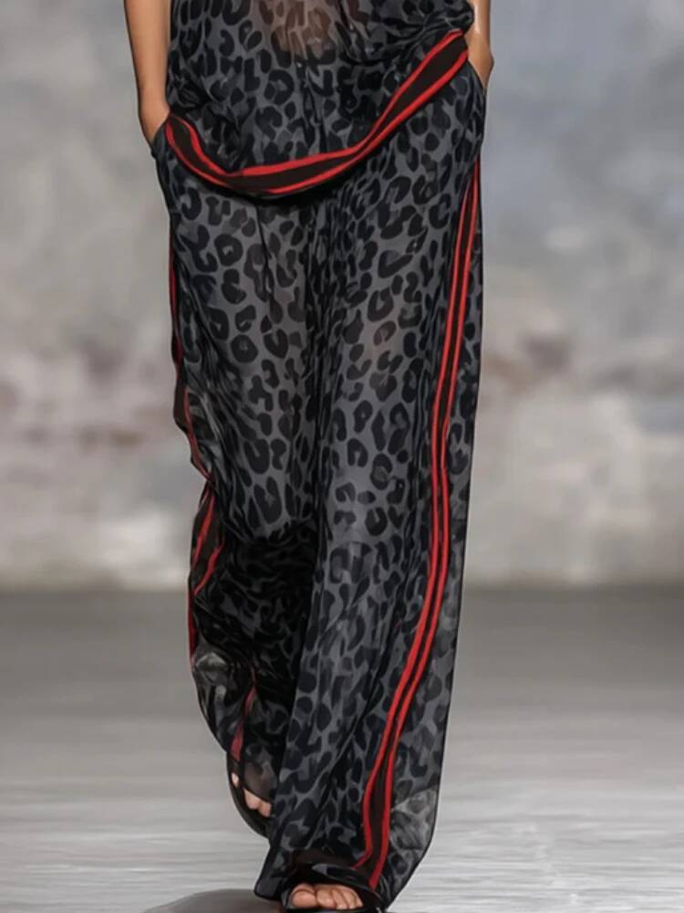 Summer Women's Casual Trousers Set Leopard Print Stripe Contrast Color V-Neck Short-sleeved Top Wide-leg Pants Two-piece Sets