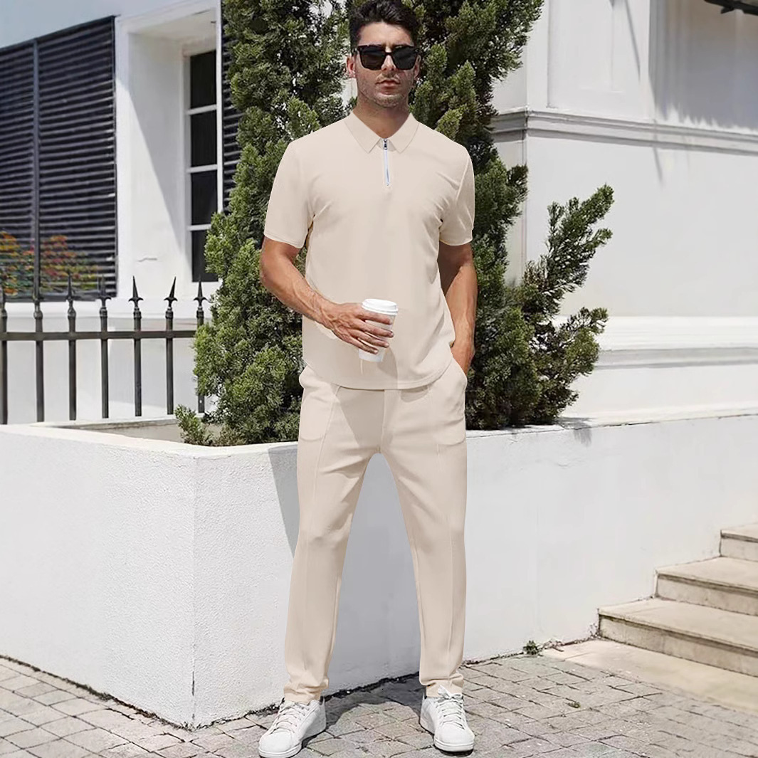 Men's Designer Hoodie Fashion European And American Summer Thin Zipper Fly Polyester Polo Men's Casual Sports Long Designer T-shirt Pants Short Sleeve Twopiece Set