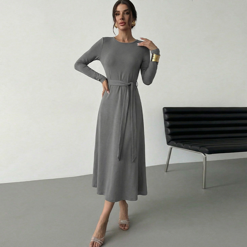 Autumn/winter European And American Elegant Style Longsleeve Dress With Belt Solid Designer Dress Color Knitted Aline Dress
