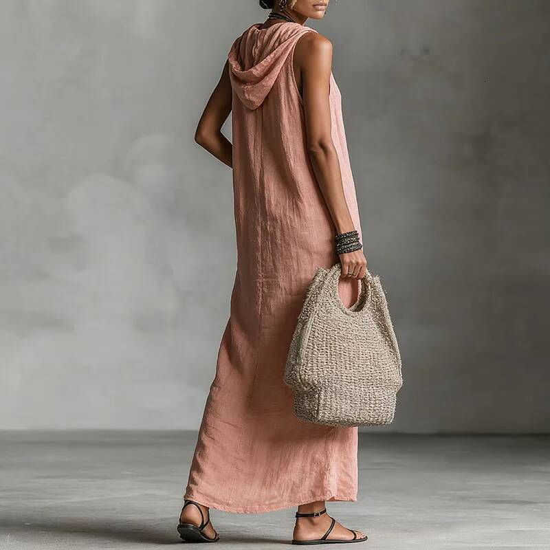Spring Elegant Single Breasted Hooded Long Dresses Woman Vintage Solid Slit Bohemian Summer Sleeveless Vacation Maxi Dress