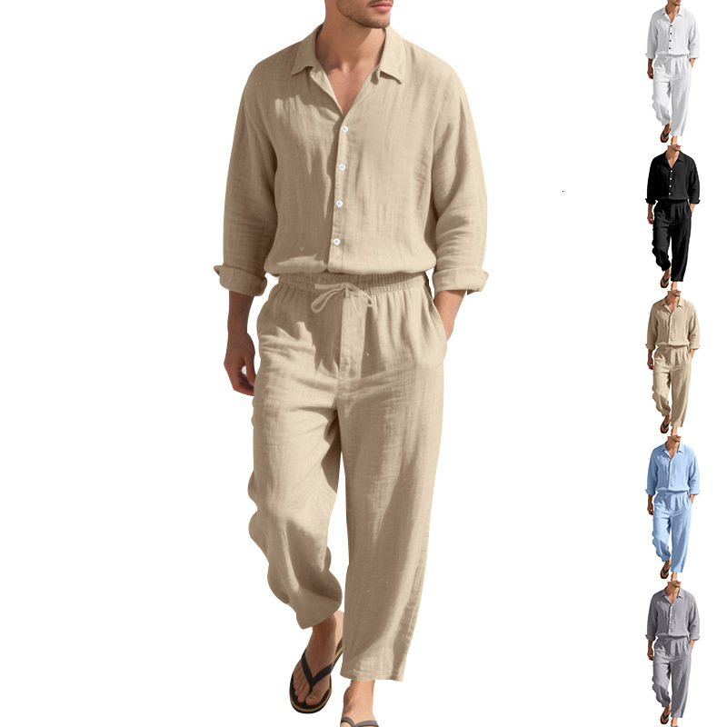 Independent American Style Four Seasons Linen Men's Casual Loose Beach Sun Protection Long Designer Hoodie Sleeve Shirt Polo Designer T-shirt And Pants Set