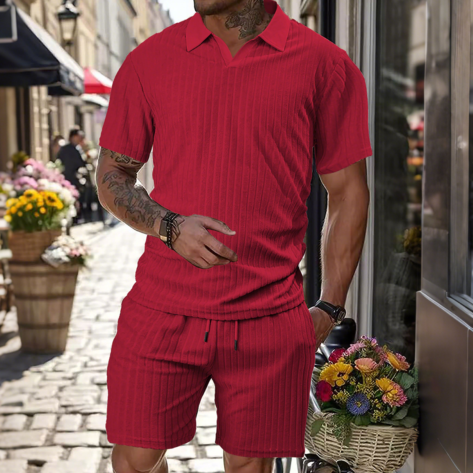 European And Designer T-shirt American Polo Men's Summer New Breathable Large Straight Towel Jacquard Fabric Round Neck Designer Hoodie Men's Casual Sports Suit