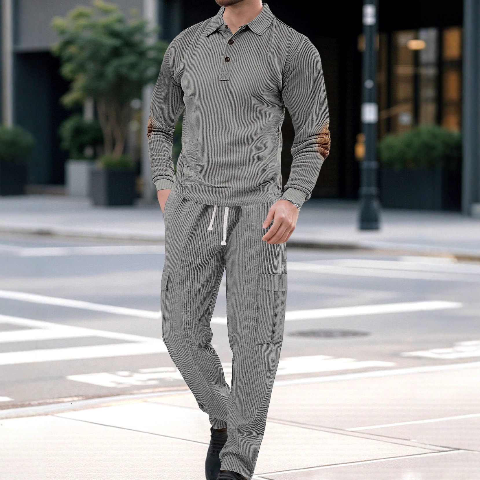 Designer T-shirt European And American Casual Sports Lapel Long Designer Hoodie Polo Sleeve Twopiece Set Men's Loose Printed Workwear Custom Suit