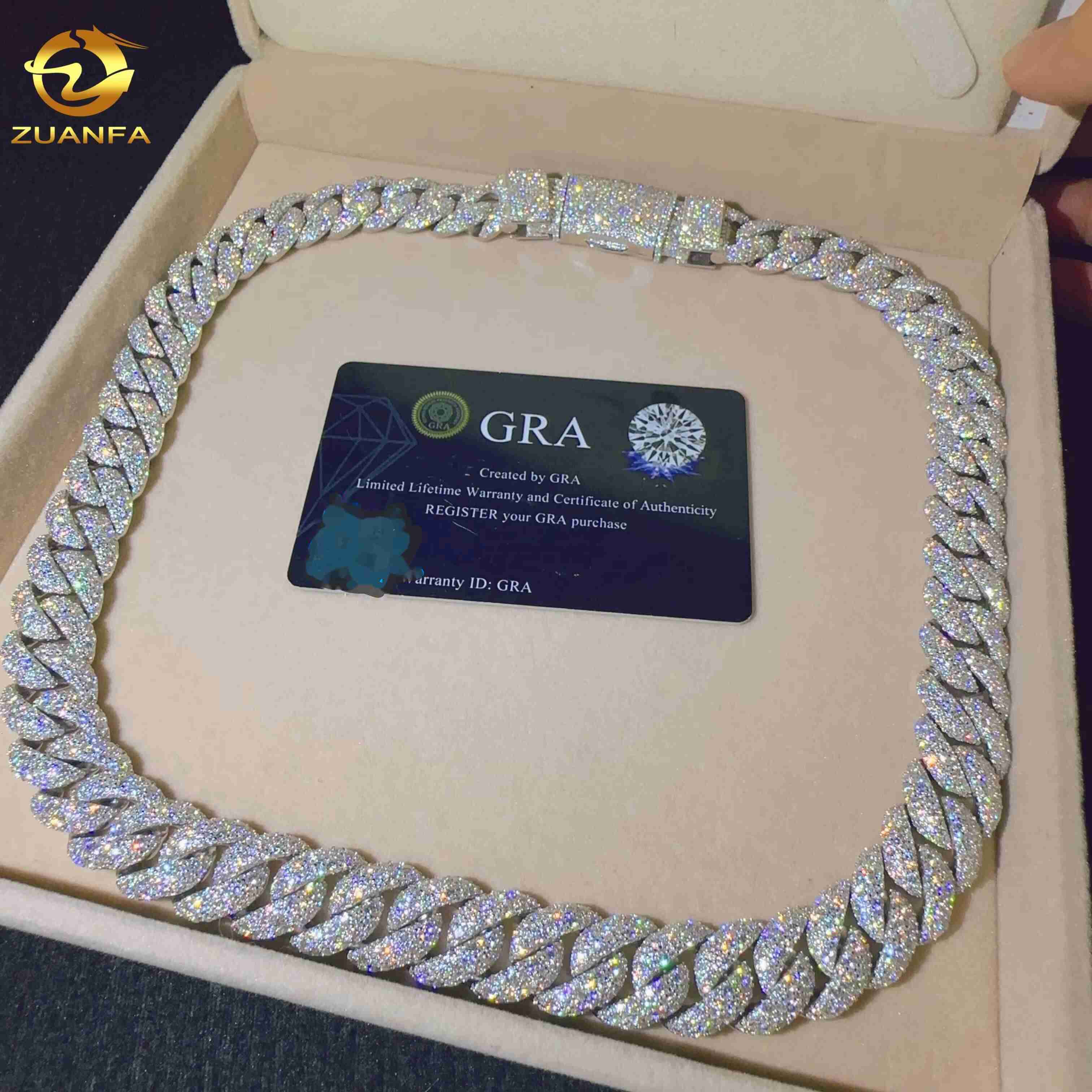 Hip Hop Jewelry Men Cuban Necklace Sterling Silver 925 D Color VVS Moissanite Diamond 15MM Width Cuban Link Chain
