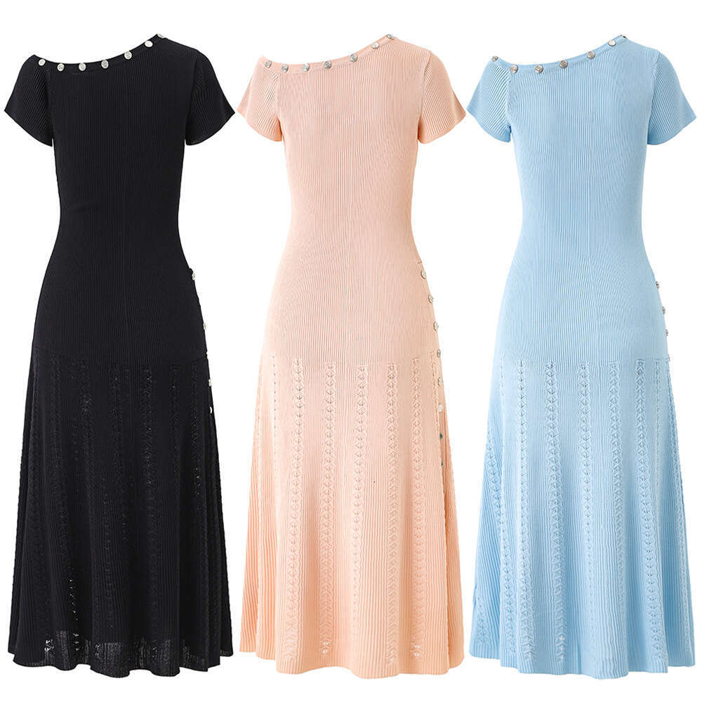 2026 Designer French Asymmetric Shoulder Button Knitted Fashion D19 Design Irregular Short Sleeve Fashion Dress