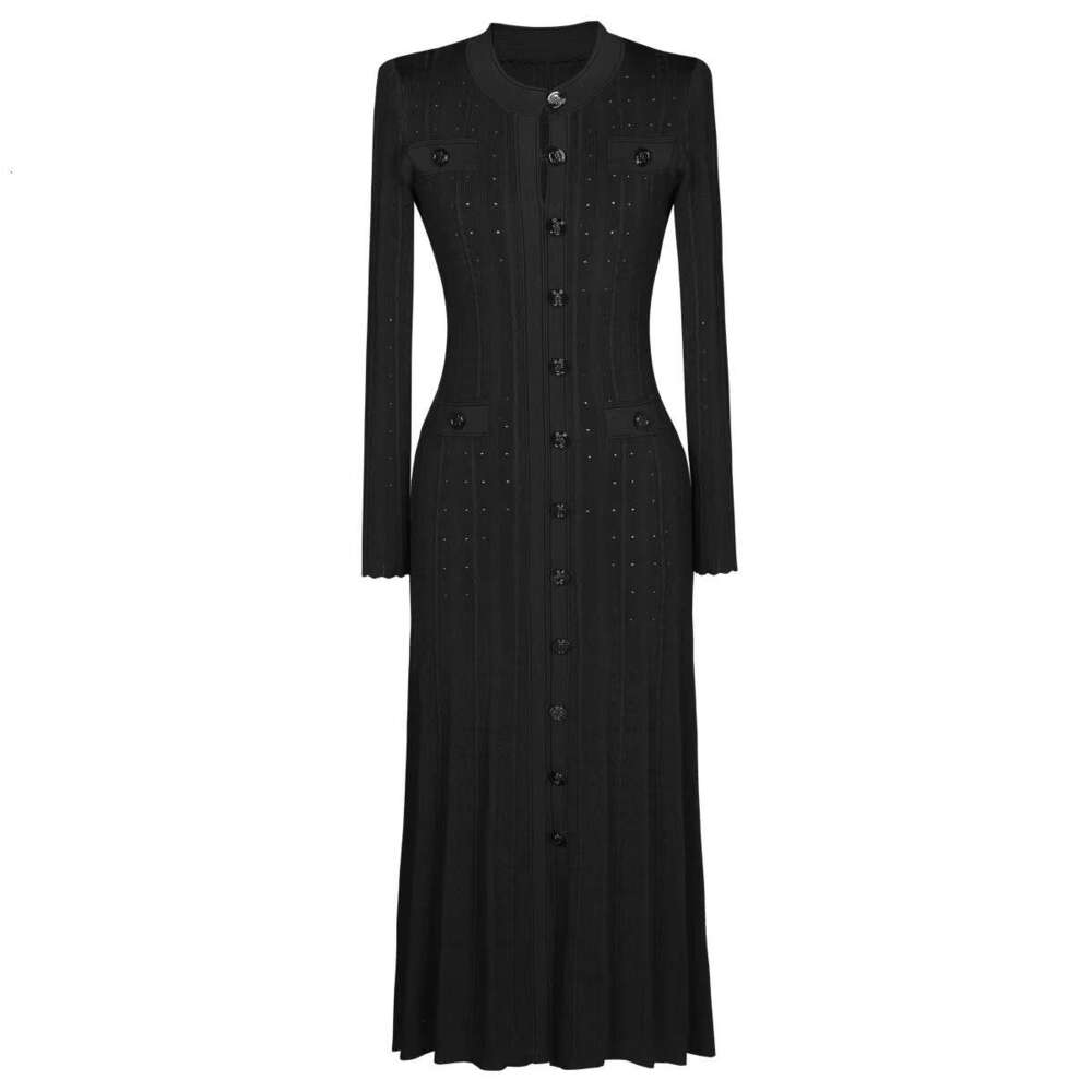 Spring and Autumn Round Neck Long Dress A9 French Women's Small Fragrant A9 Style Solid Color Split Single breasted Knitted Dress