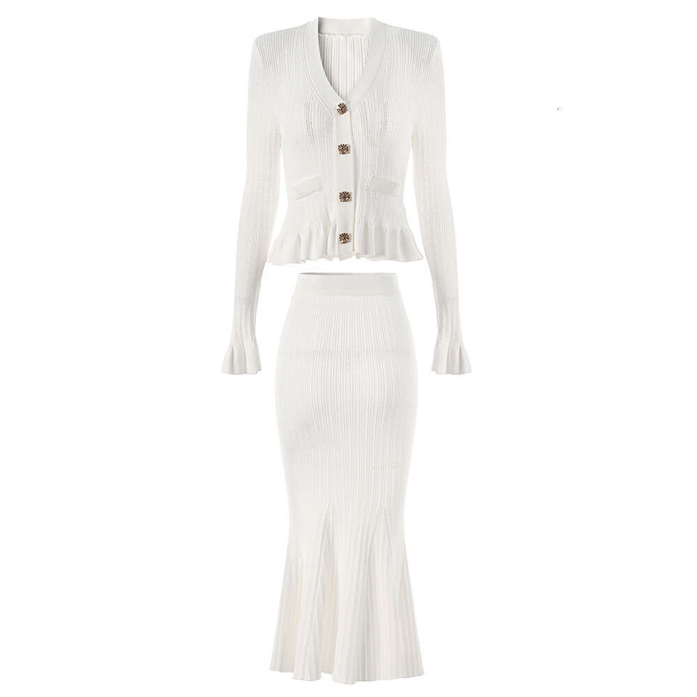 2026 Autumn X21 New Designer Waist Bell Sleeve Knitted Top+Fishtail Pencil Two Piece Skirt Set