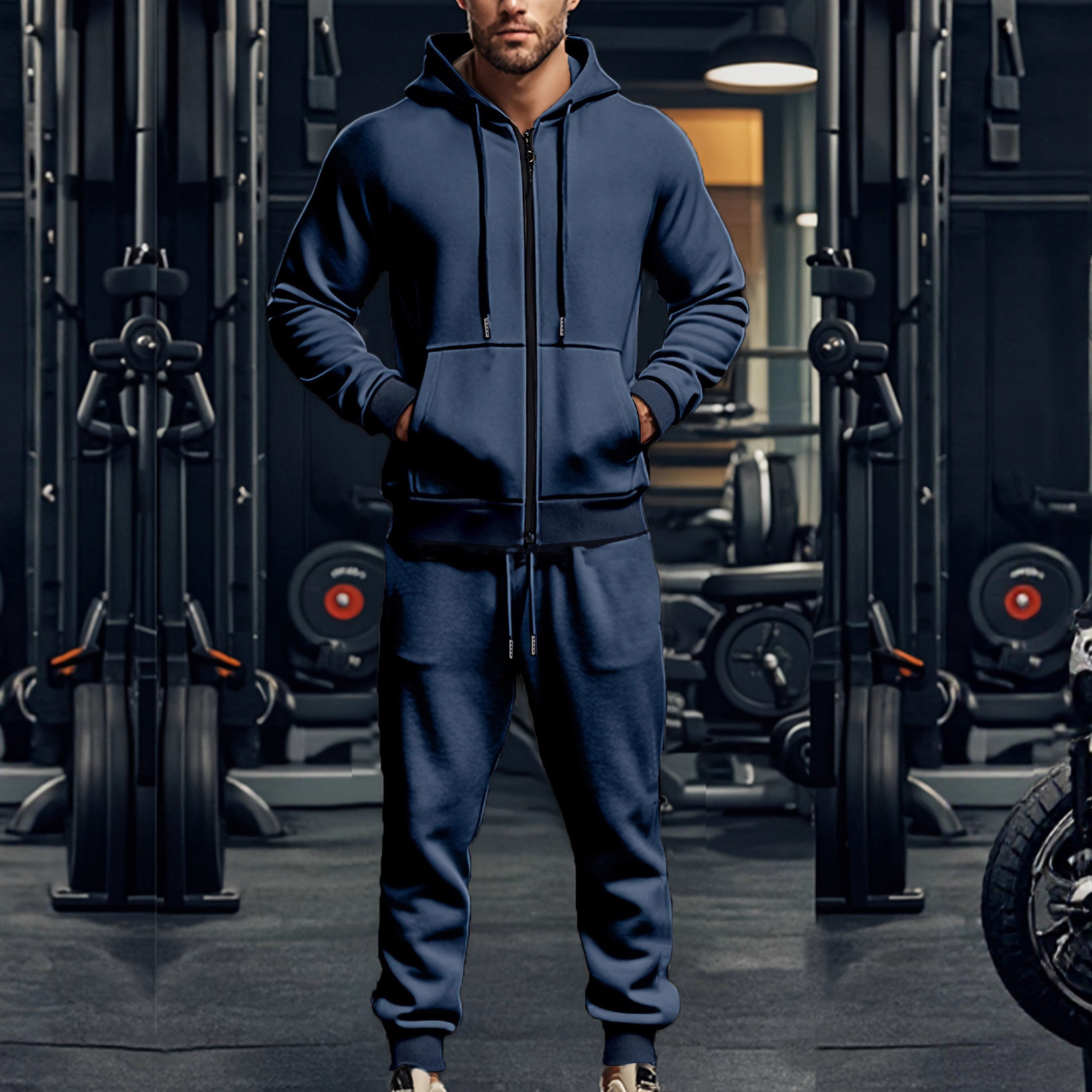 European And American Polo Autumn Winter Men's Solid Color Fleece Lined Warm Zipper Long Sleeve Hooded Designer T-shirt Casual Designer Hoodie Sports Set