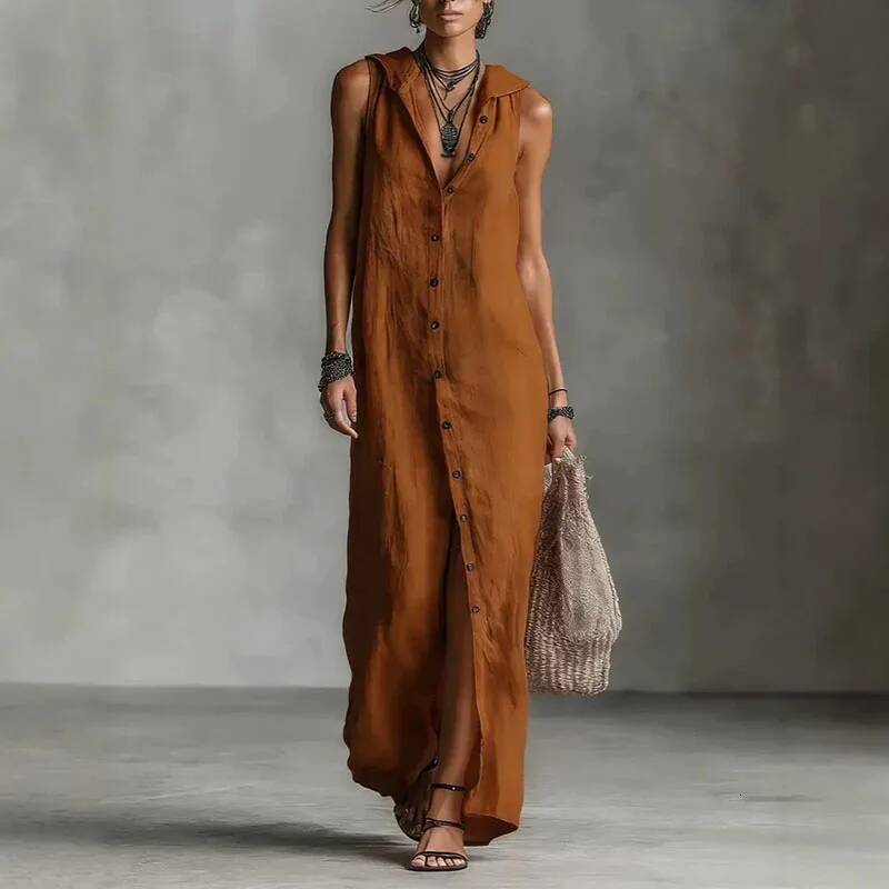 Spring Elegant Single Breasted Hooded Long Dresses Woman Vintage Solid Slit Bohemian Summer Sleeveless Vacation Maxi Dress