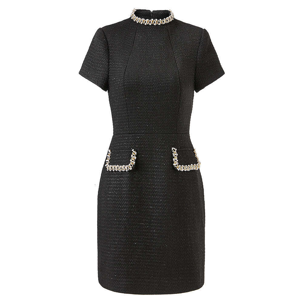 D17 2026 spring and autumn new designer beige bead short sleeved elegant best-selling woolen dress