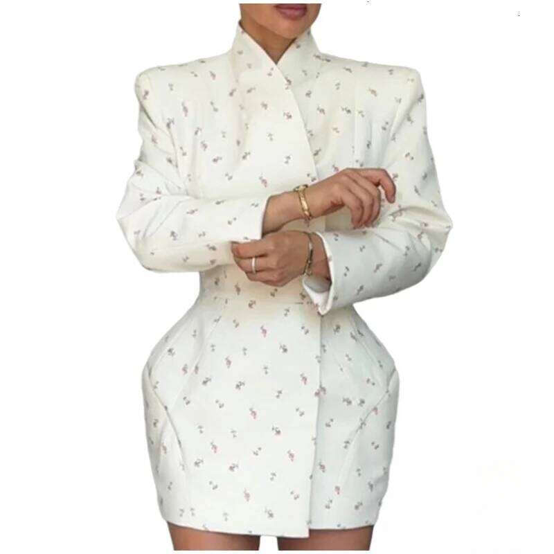 White Waist Cinching Floral Shoulder Pad Blazer Long Sleeve Single Breasted Jacket For Summer Elagant Female Outwear MAKOUFEI