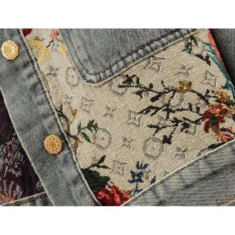 Women's Heavy Duty Patchwork Denim Jacket, Spring Autumn New Loose Short Coat, Trendy Streetwear Fashion Casual Outwear Tops MAKOUFEI