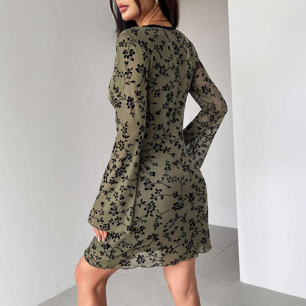 2026 Spring New European and A9 American Bell Sleeve Double A9 layer a9 Mesh Plush Deep V-neck Women's Dress