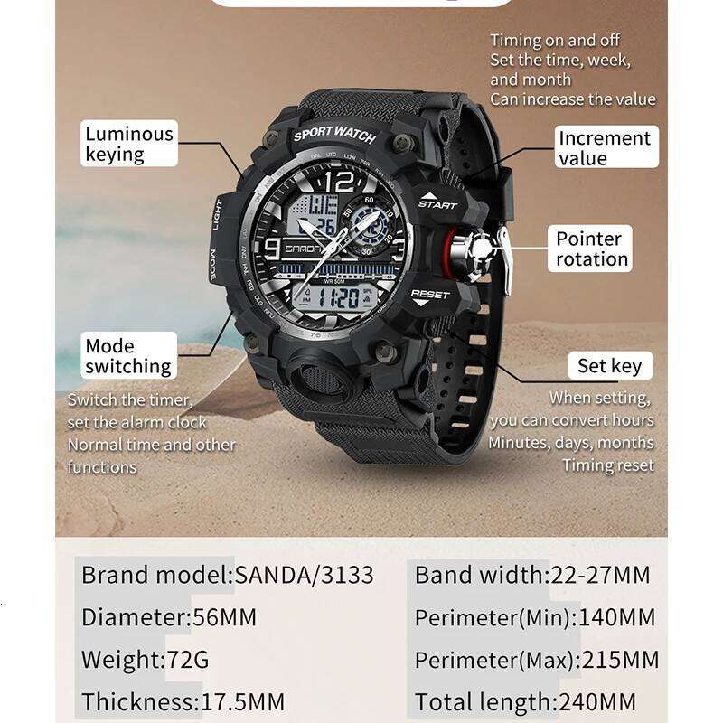 SANDA Men Military Watches White Sport G style LED Light Digital 50M Shockproof Waterproof Watch Male Quartz Clock Relogio